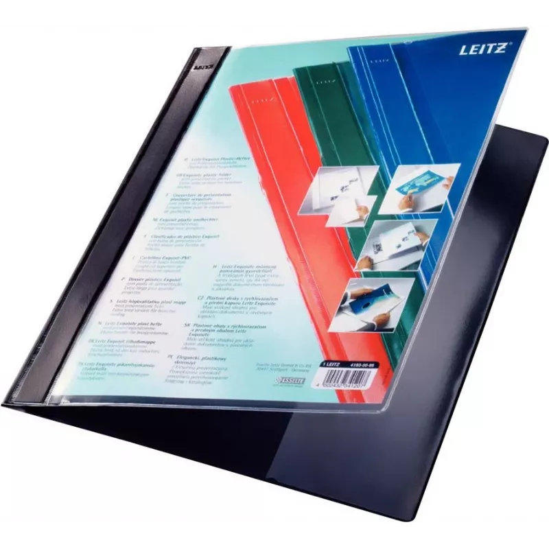 LEITZ Exquisit prezentacinė aplankas su priekine kišene, A4 padidinto formato, PVC kietoji plėvelė, juodas, permatomas viršelis 4193-00-95