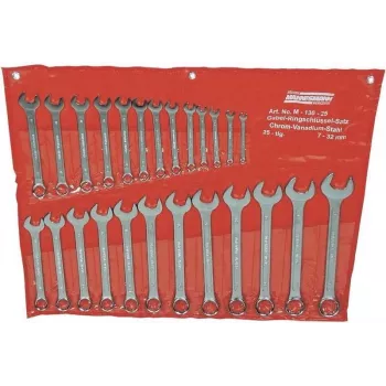 BRÜDER MANNESMANN M130-25 25 dalių derintų veržliarakčių rinkinys, metrinis 6-32 mm, chromo vanadžio plienas, DIN 3113, ritininiame tekstiliniame dėkle