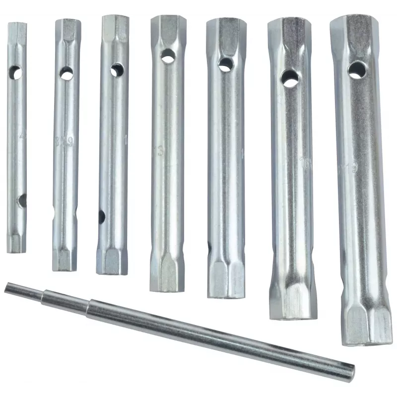 Brüder Mannesmann M26708 8 dalių vamzdinių veržliarakčių rinkinys, chromo vanadžio plienas, dydžiai nuo 6x7 iki 20x22 mm, DIN 896 Form B, plastikiniame laikiklyje