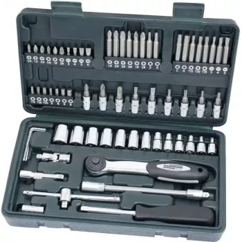 BRÜDER MANNESMANN 1/4 inch 65 dalių veržliarakčių rinkinys su reketu, prailgintojais, antgaliais ir dėklu 29165