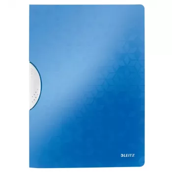 LEITZ WOW ColorClip A4 dokumentų segtuvas su spaustuku, metalinės mėlynos spalvos su 3D reljefine paviršiaus struktūra, šviesiai pilkas vidus, 30 lapų talpa 4185-00-36