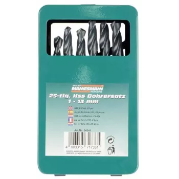Brüder Mannesmann M54341 25 dalių HSS spiralinių grąžtų rinkinys, 1–13 mm, metaliniame dėkle