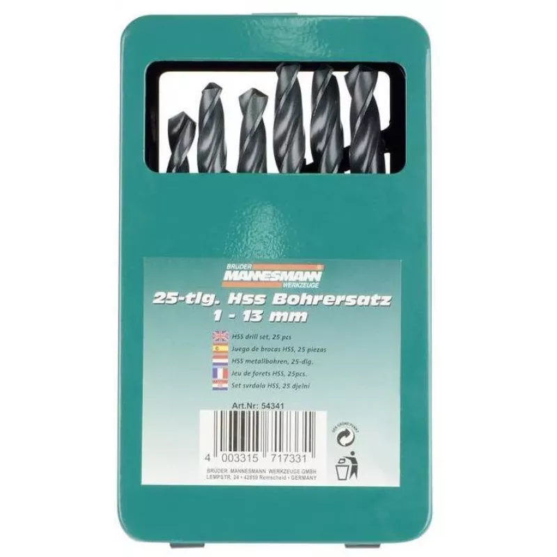 Brüder Mannesmann M54341 25 dalių HSS spiralinių grąžtų rinkinys, 1–13 mm, metaliniame dėkle