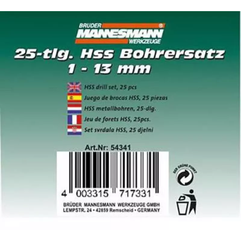 Brüder Mannesmann M54341 25 dalių HSS spiralinių grąžtų rinkinys, 1–13 mm, metaliniame dėkle