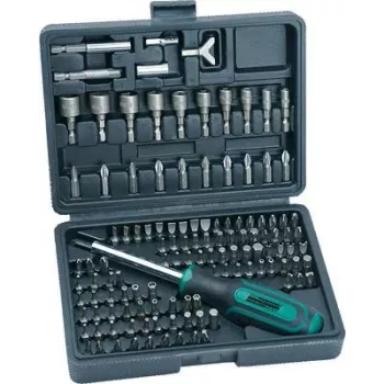 BRÜDER MANNESMANN 122 dalių atsuktuvų ir antgalių rinkinys plastikiniame dėkle, chromo-vanadžio plieno antgaliai, 1/4 inch šešiakampė mova, ergonomiškos rankenos, magnetinis antgalių laikiklis, DIN standartas M29896