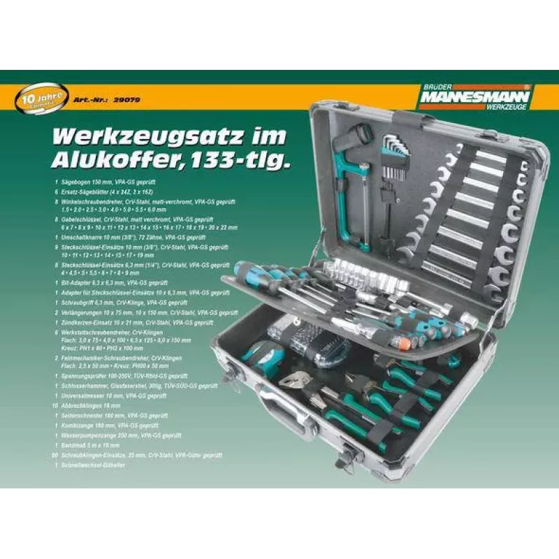 Brüder Mannesmann M29079 133 dalių įrankių rinkinys aliuminio dėkle