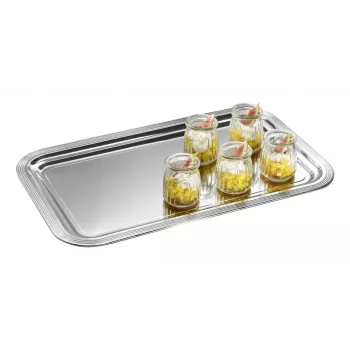 APS CLASSIC stačiakampė patiekimo lėkštė 530x325 mm, sidabrinė, nikeliuota su aukšto blizgumo chromu ir linijomis