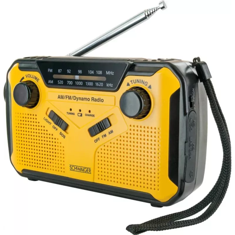 Schwaiger Outdoor Radio FM/AM su rankiniu generatoriumi ir saulės baterija, atsparus purslams ir smūgiams, su žibintuvėliu, geltona/juoda (RADK0001)