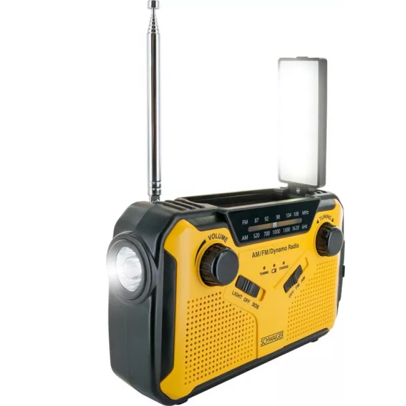 Schwaiger Outdoor Radio FM/AM su rankiniu generatoriumi ir saulės baterija, atsparus purslams ir smūgiams, su žibintuvėliu, geltona/juoda (RADK0001)