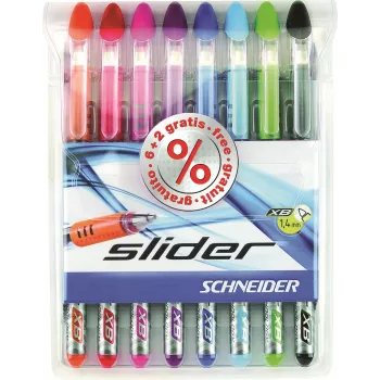 Schneider Slider Basic rutulinis rašiklis, rinkinys - 8 skirtingų spalvų, ypač platus 1,4 mm antgalis, Viscoglide technologija, ergonomiška guminė rankena, nerūdijančio plieno segtukas 151298