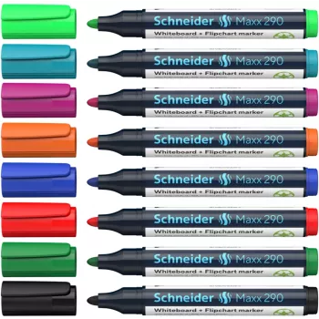 Schneider Maxx 290 mokyklinės ir flipčarto žymeklių rinkinys, 8 skirtingų spalvų, apvalus antgalis 2,0-3,0 mm, 129098