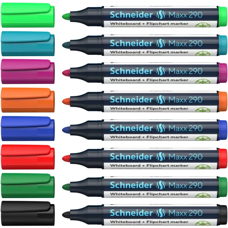 Schneider Maxx 290 mokyklinės ir flipčarto žymeklių rinkinys, 8 skirtingų spalvų, apvalus antgalis 2,0-3,0 mm, 129098