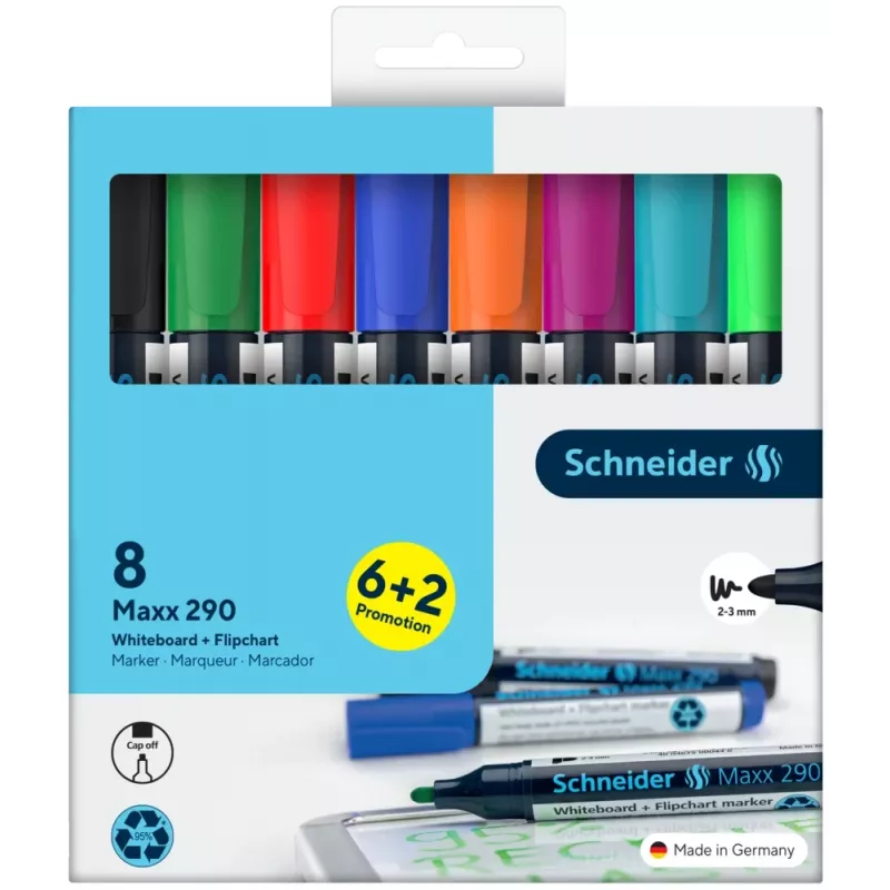 Schneider Maxx 290 mokyklinės ir flipčarto žymeklių rinkinys, 8 skirtingų spalvų, apvalus antgalis 2,0-3,0 mm, 129098