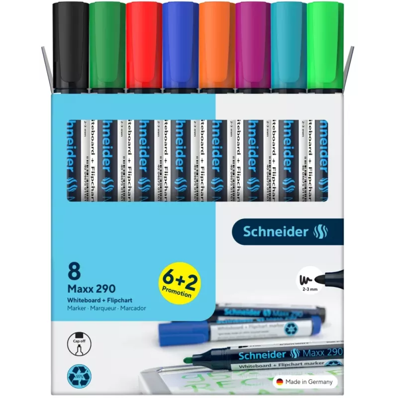 Schneider Maxx 290 mokyklinės ir flipčarto žymeklių rinkinys, 8 skirtingų spalvų, apvalus antgalis 2,0-3,0 mm, 129098