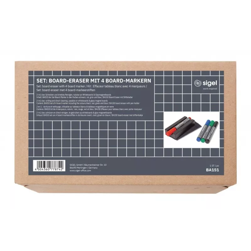 SIGEL BA151 magnetinis baltos lentos priedų rinkinys - 4 žymekliai, magnetinė trintukė, laikiklis, 50 ml valymo purškalas, 10 šluostelių, juodas