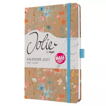 SIGEL Jolie 2027 savaitinis planeris A5 Blue Floral Serenity, kietais viršeliais, su elastine juosta, rašiklio laikikliu, dvigubomis kaspininėmis žymėmis, vidine kišene, 144 puslapiai, 80 g/m² popieriaus, užapvalinti kampai, daugiakalbis 7J807