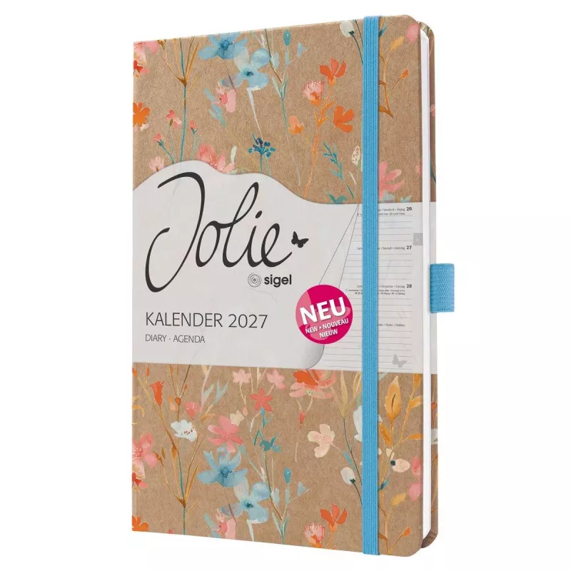 SIGEL Jolie 2027 savaitinis planeris A5 Blue Floral Serenity, kietais viršeliais, su elastine juosta, rašiklio laikikliu, dvigubomis kaspininėmis žymėmis, vidine kišene, 144 puslapiai, 80 g/m² popieriaus, užapvalinti kampai, daugiakalbis 7J807