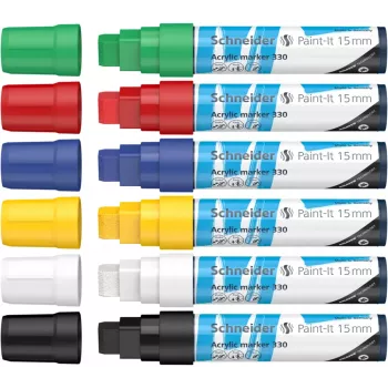 Schneider Paint-It 330 V1 akrilo žymeklių rinkinys, 6 skirtingos spalvos, 15 mm kaltinio antgalio 120396