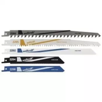 Wolfcraft 3599000 staliaus pjūklo geležčių rinkinys, 5 dalių, HCS ir bi-metalas, 150/230 mm, 6/18 TPI, universalus 1/2 colio kotas