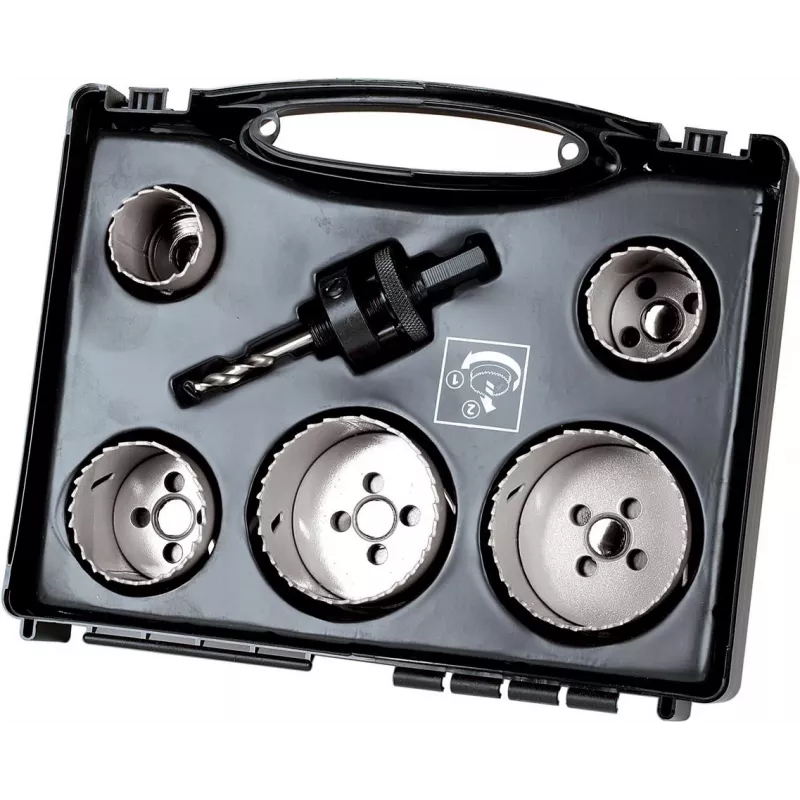 Wolfcraft 5423000 8 dalių kiaurymių pjūklų rinkinys, 25-68 mm, anglinio plieno, su šešiakampiu įtvaru ir centriniu grąžtu, dėkle