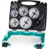 Wolfcraft 5423000 8 dalių kiaurymių pjūklų rinkinys, 25-68 mm, anglinio plieno, su šešiakampiu įtvaru ir centriniu grąžtu, dėkle