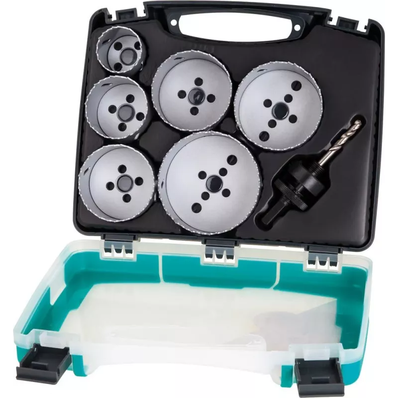 Wolfcraft 5423000 8 dalių kiaurymių pjūklų rinkinys, 25-68 mm, anglinio plieno, su šešiakampiu įtvaru ir centriniu grąžtu, dėkle