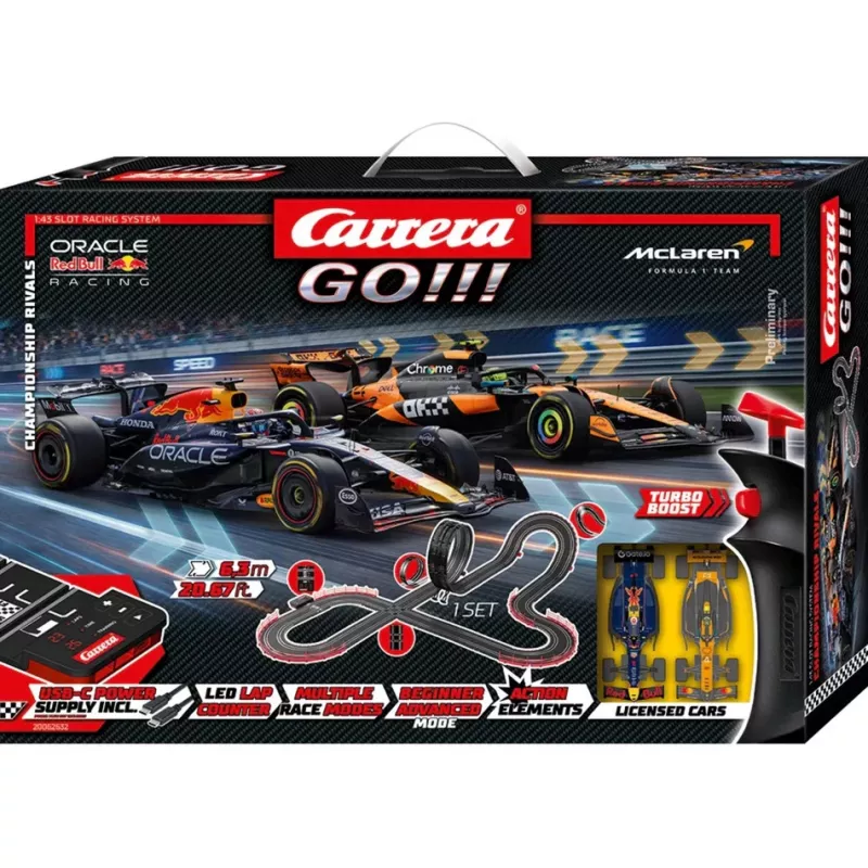 Carrera GO!!! Championship Rivals elektrinis 1:43 mastelio lenktynių trako rinkinys su 5,3 m trasa, Red Bull vs Mercedes F1