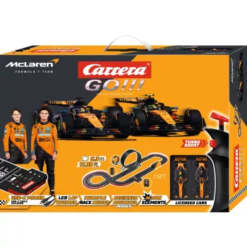 Carrera GO!!! McLaren Racing elektrinis lenktynių automobilių rinkinys 1:43 masteliu su kilpa, viaduku, siauru ruožu, 2 valdymo pultais, 6,2 m trasa