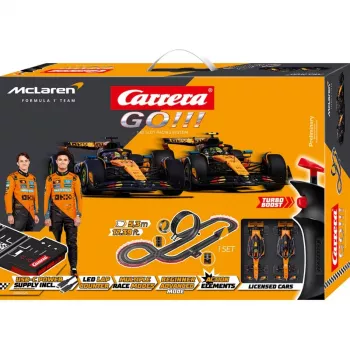 Carrera GO!!! McLaren Racing elektrinis lenktynių automobilių rinkinys 1:43 masteliu su kilpa, viaduku, siauru ruožu, 2 valdymo pultais, 6,2 m trasa
