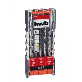 KWB 109155 HSS sukinių grąžtų rinkinys, 9 dalių, 1,5–6,0 mm, DIN 338, šlifuoti, metalui, plastikui, medienai