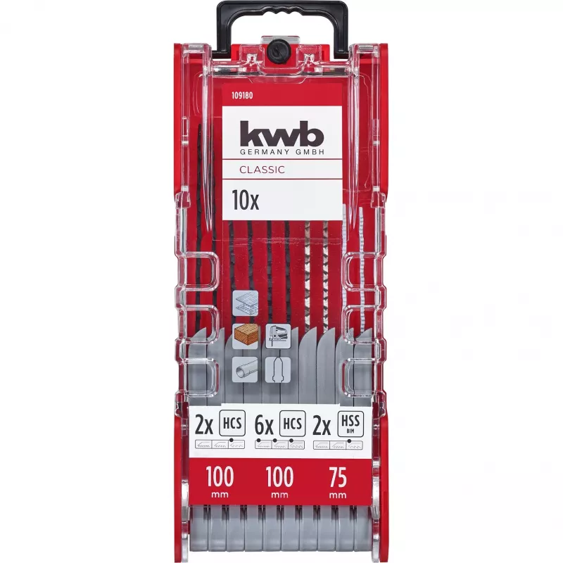 kwb 109180 siaurųjų pjūklų geležčių rinkinys, 10 dalių, T formos kotas, medienai/metalui/plastikui
