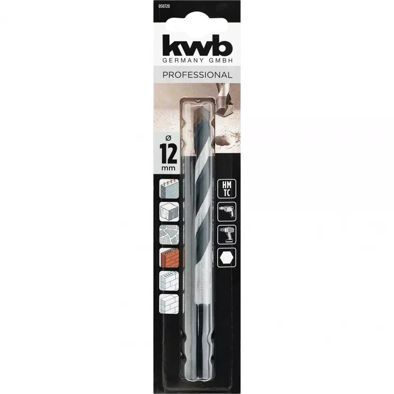 KWB 050720 Tungsteno karbido betono spiralinis grąžtas 12 mm, bendras ilgis 150 mm, cilindrinis kotas, 1 vnt.