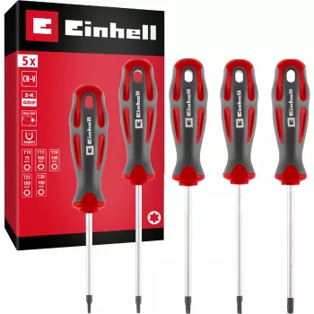 Einhell Universal Torx atsuktuvų rinkinys T10-T30, 5 vnt., magnetiniai antgaliai, chromo vanadžio plienas, ergonomiškos dvikomponentės rankenos, dirbtuvėms ir namų meistrams 370537