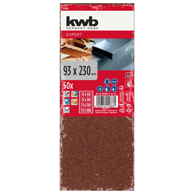 KWB 815888 šlifavimo popieriaus lapai, grūdėtumas P60/P80/P120/P180, 230 x 93 mm, 50 vnt.