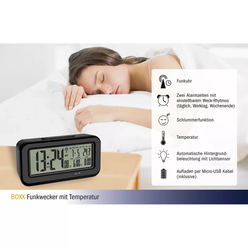 TFA Dostmann BOXX skaitmeninis žadintuvas, juodas, 60.2554.01