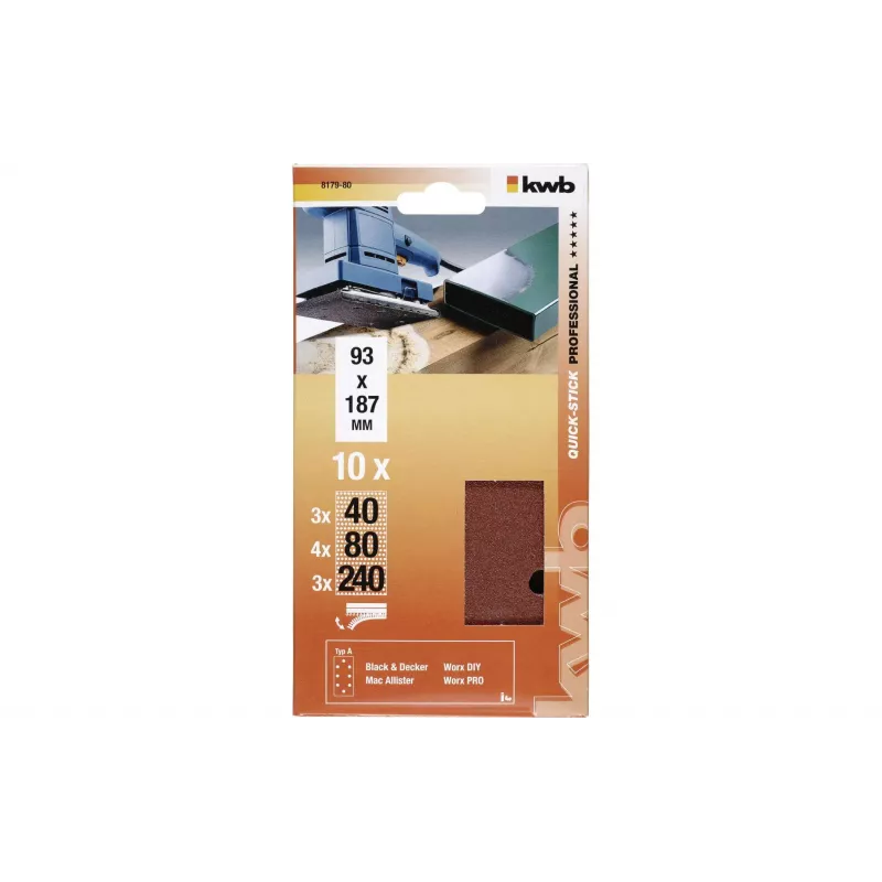 KWB 817980 švitrinio popieriaus lapai, grūdėtumas P40/P80/P240, 186 x 93 mm, 10 vnt.