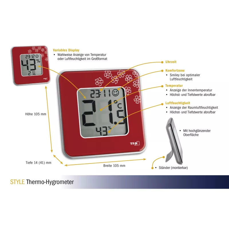 TFA Dostmann Style vidinis elektroninis higrometras, raudonas (30.5021.05)