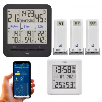TFA Dostmann TFA.me pradinis rinkinys su WLAN tinklų sietuvu ir 2 KLIMA@HOME belaidžiais termo-higrometrais, juodas/baltas 35.8109.02