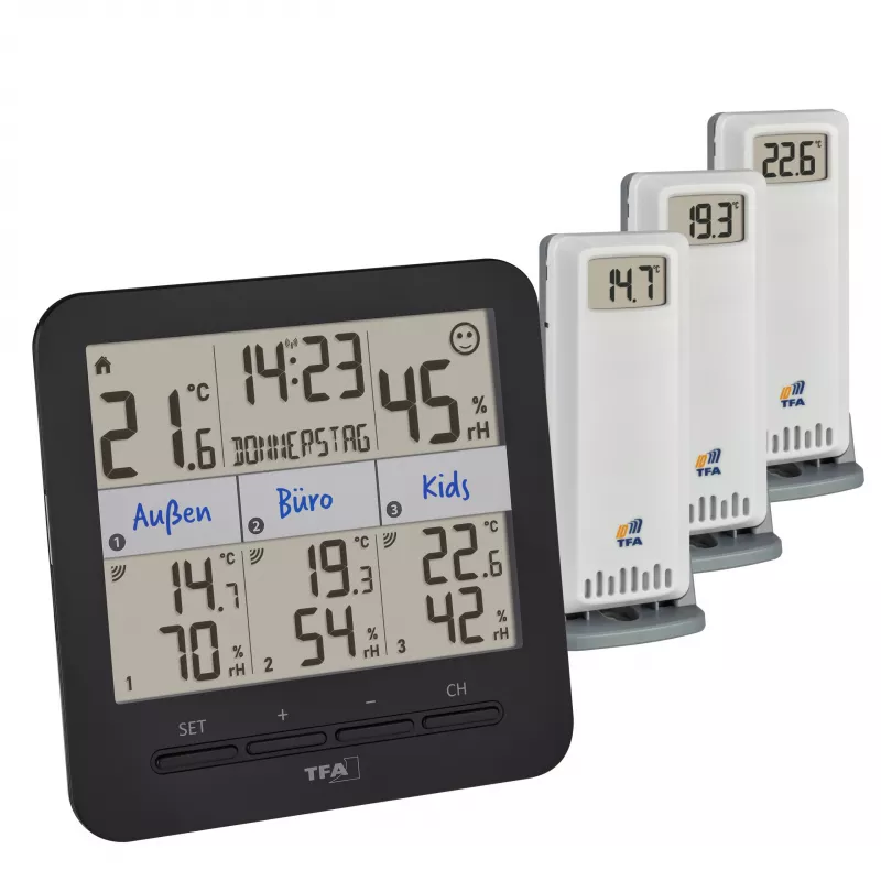 TFA Dostmann TFA.me pradinis rinkinys su WLAN tinklų sietuvu ir 2 KLIMA@HOME belaidžiais termo-higrometrais, juodas/baltas 35.8109.02