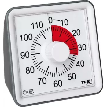 TFA DOSTMANN VISUAL baltas analoginis 60 minučių mechaninis atgalinės atskaitos laikmatis su tyliu veikimu ir akustiniu signalu (38.2043.10)