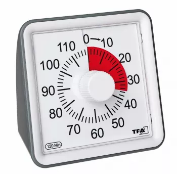 TFA DOSTMANN VISUAL baltas analoginis 60 minučių mechaninis atgalinės atskaitos laikmatis su tyliu veikimu ir akustiniu signalu (38.2043.10)