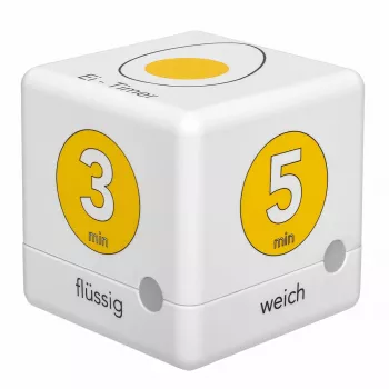 TFA Dostmann Cube Timer skaitmeninis virtuvės laikmatis, baltas/geltonas, atgalinė ir tiesioginė laiko atskaita, 99 min 59 sek., LCD, garsinis signalas, 2x AAA komplekte 38.2041.07
