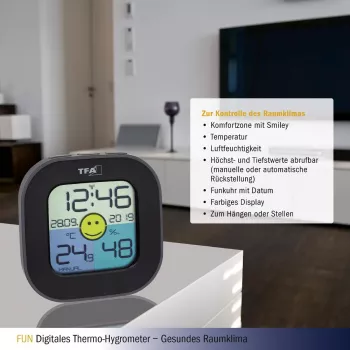 TFA Dostmann FUN vidinis elektroninis higrometras juodas (30.3242.02)