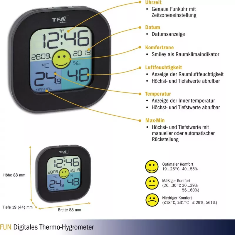 TFA Dostmann FUN vidinis elektroninis higrometras juodas (30.3242.02)