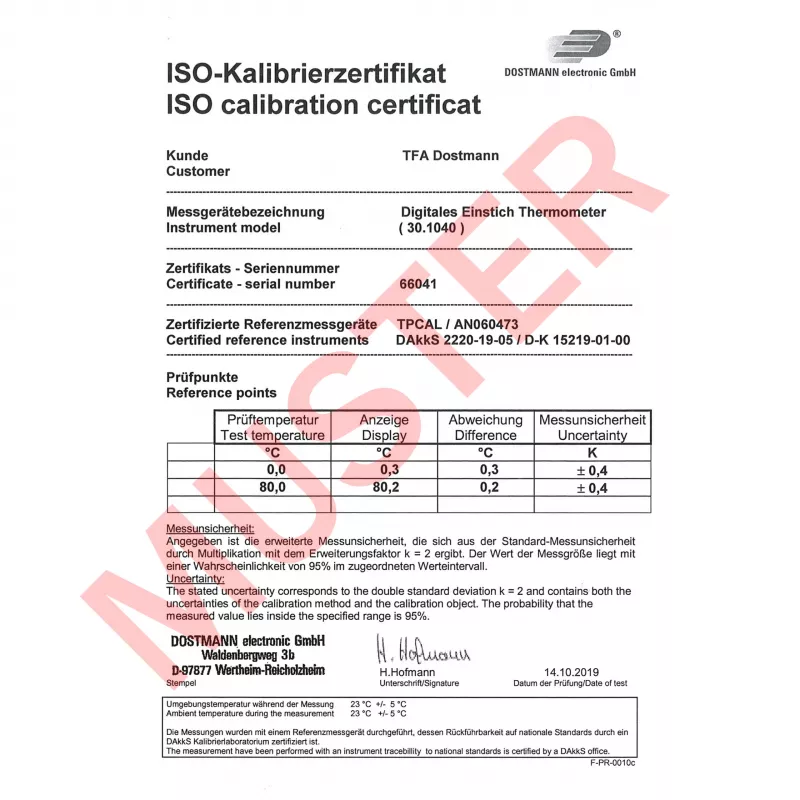 TFA Dostmann 30.1040.K kalibruotas virtuvės termometras (ISO) su automatiniu išsijungimu, HACCP ir EN 13485, šerdies temperatūros stebėjimas