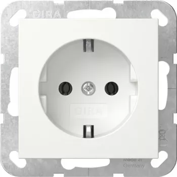 Gira System 55 Schuko lizdas su atlenkiamu dangteliu, grynai balta 418003