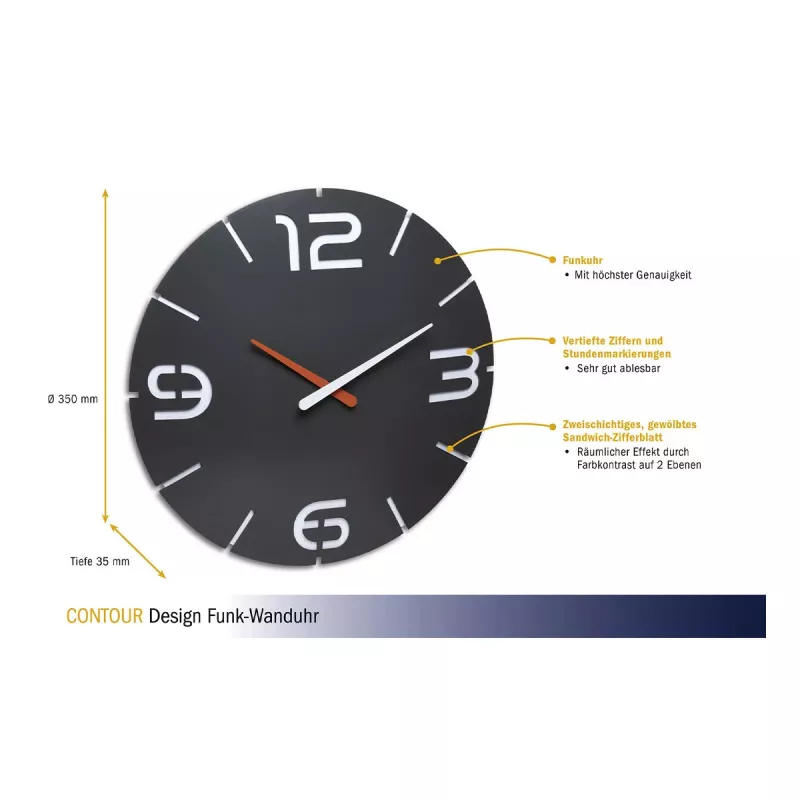 TFA Dostmann Design radijo bangomis valdomas sieninis laikrodis Contour, juodas/baltas (60.3536.10)
