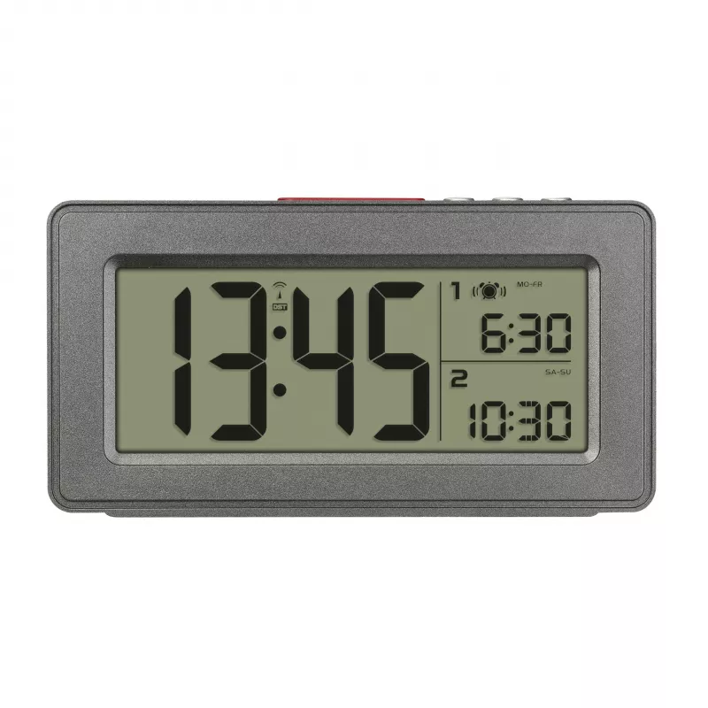 TFA Dostmann 60.2563.10 radijo bangomis valdomas žadintuvas, antracito spalvos, dvigubas žadintuvas, DCF77, LCD, patalpų temperatūra