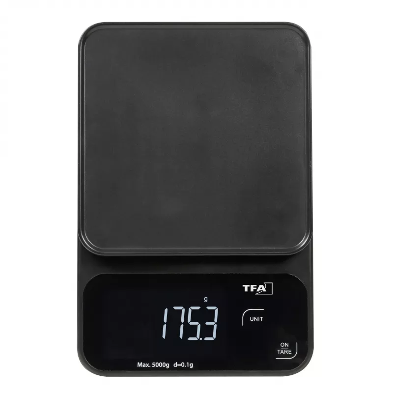 TFA Dostmann COOKIE skaitmeninės virtuvinės svarstyklės, 5 kg talpa, 1 g tikslumas, su matavimo dubeniu, juodos 50.2009.01