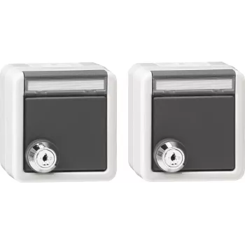 Gira 456030 rinkinys 2x SCHUKO lizdas su užraktu ir atlenkiamu dangteliu, paviršinis, IP44, vienodo rakto, grynai balta
